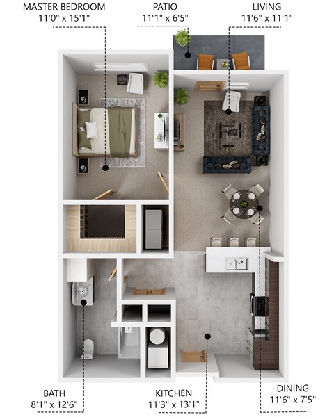 Floor plan for 1 bed, 1 bath, 735 sqft